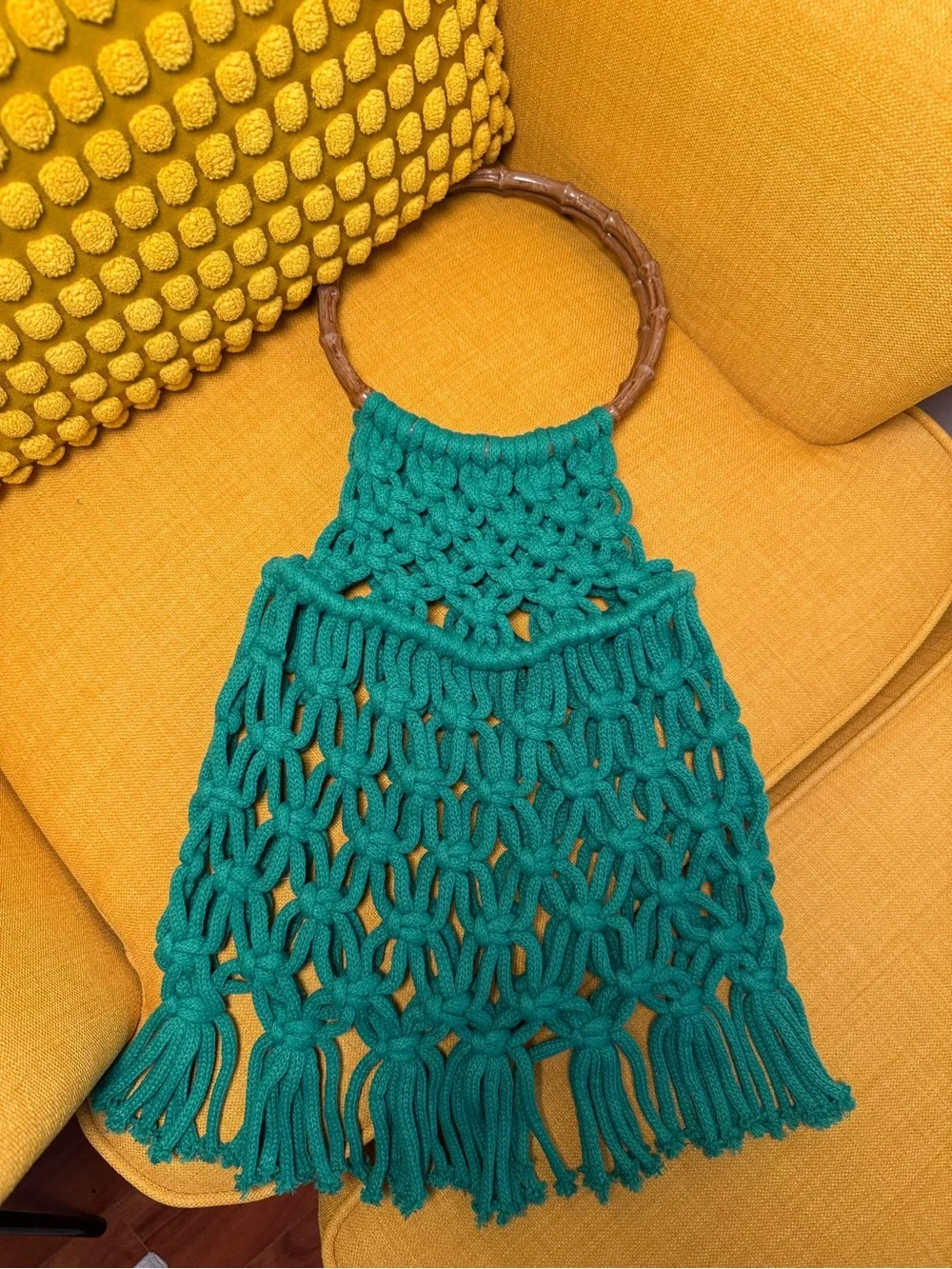 Handmade Macramé Bamboo Handle Tote in Teal